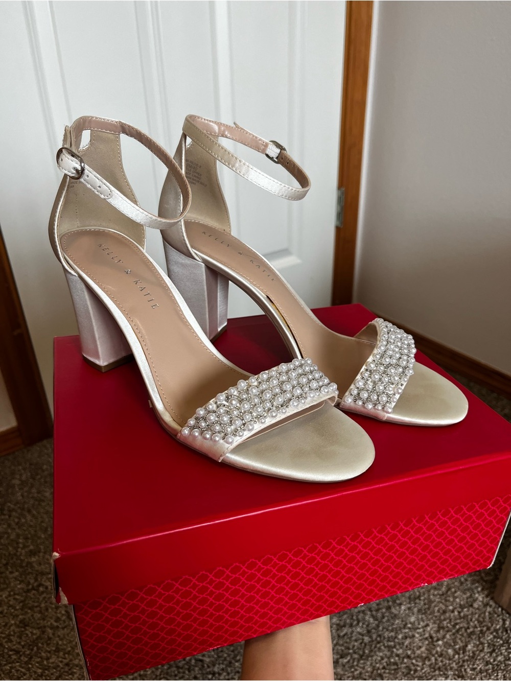 Kelly & Katie Pearl-Embellished Satin Block Heels in Ivory